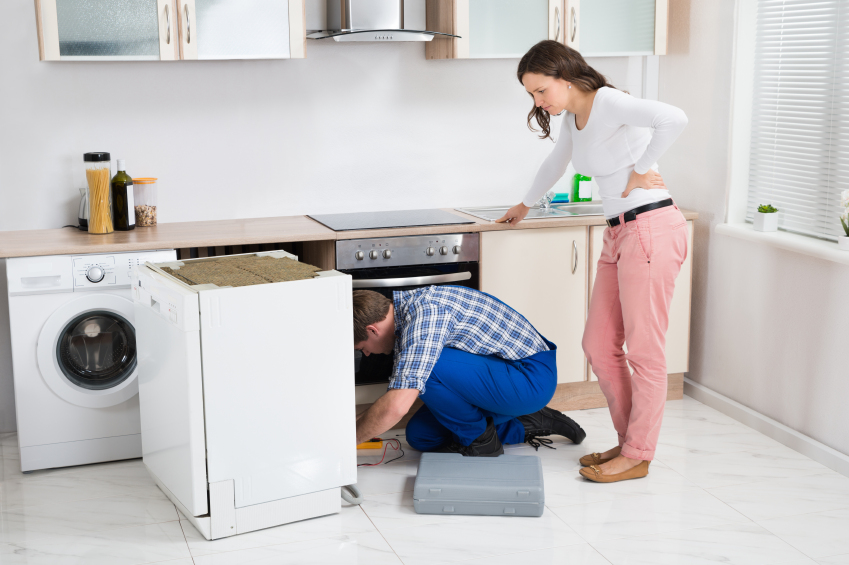 Woman Looking At The Repairman Repairing Dishwasher
